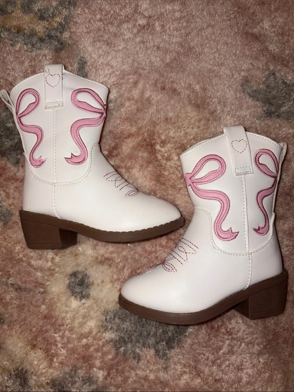 White Kids Cowgirl Boots with Pink Stitching